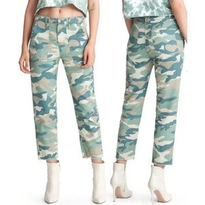 MOTHER The Shaker Chop Crop Blue Green Camo Pants Cotton Linen Raw Hem Size 28